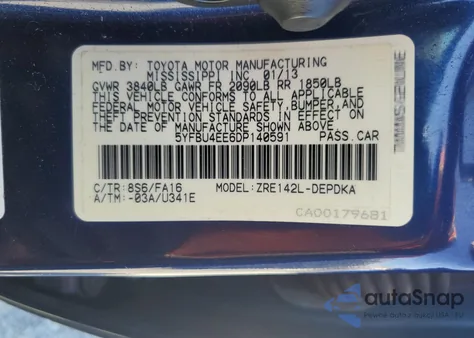 2013 Toyota Corolla Base из США, поврежденный, VIN 5YFBU4EE6DP140591